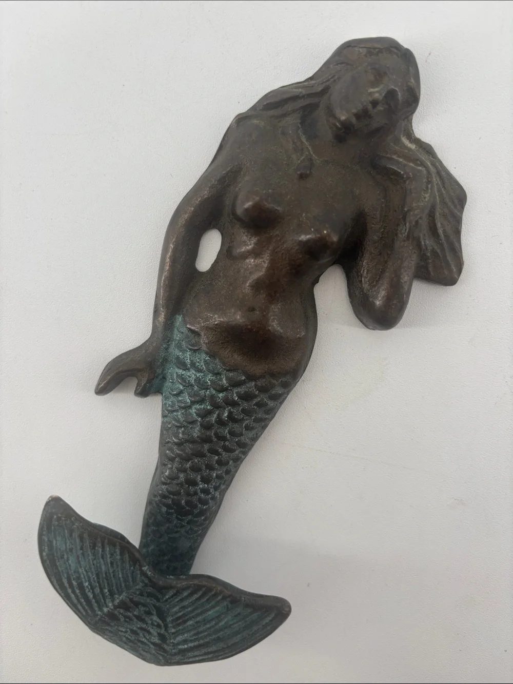 Vintage 80s-90s SPI cast iron mermaid & Neptune wall hooks pair verdigris